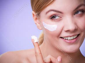 Skincare. Face of young woman girl taking care of dry skin.