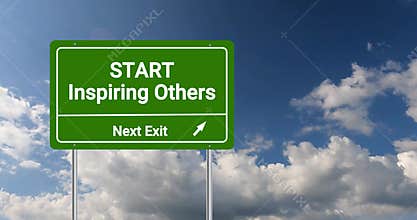 start inspiring others next exit traffic sign on blue sky
