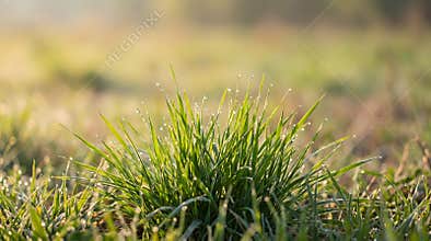 Morning dew glistens on vibrant green grass blades illuminated by the soft golden light of dawn