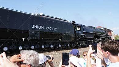 Pottstown, Pennsylvania, U.S.A - Jul 2, 2026 - Side view of Union Pacific Big Boy 4014 with spectators photographing the massive