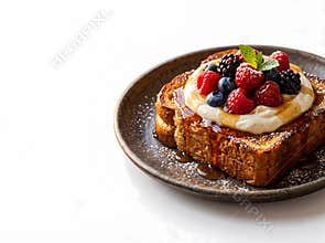 Decadent French toast piled high with creamy topping and a vibrant assortment of fresh berries generously drizzled