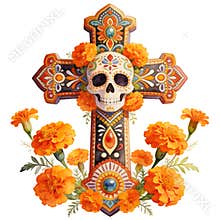 Watercolor illustration of a decorated folk cross with a sugar skull and orange marigold flowers