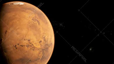 Realistic Mars from Orbit showing Red Textured Deserts and Ice Caps