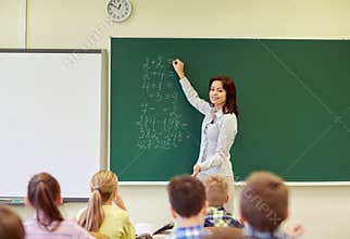 School kids and teacher writing on chalkboard