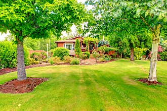 Log cabin style house exterior with front yard landscape
