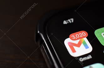Klang, Malaysia : September 16th, 2026- Gmail App with Thousands of Unread Emails Showing Inbox and Notification Overload