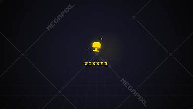 Minimalist digital graphic featuring a golden trophy icon and winner text centered on a dark spiral background with grid lines for