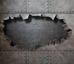 Damaged metal armor with torn hole steam punk