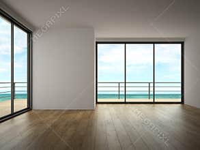 Interior of empty room with sea view 3D rendering
