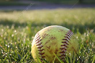 Used softball nestled in dewy green grass