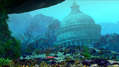 Aquarium underwater scene. Sharks swim. The flow of fish. Flooded building. 3D rendering