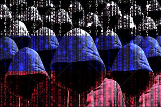 Group of hooded hackers shining through a digital russian flag