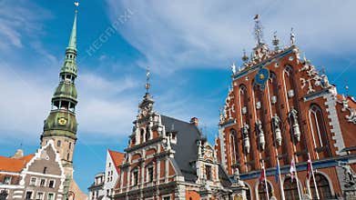 Riga, Latvia. House of the Blackheads and Cathedral in the old town . Time-lapse
