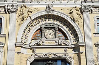 Moscow, Russia, April, 15, 2017. Fragment of the main building of the complex of Sandunovsky baths at Neglinnaya, 14
