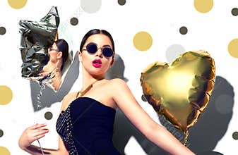 Party. Beauty model girl with colorful heart and star shaped balloons