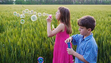 Serene kids blowing up the soap bubbles on field