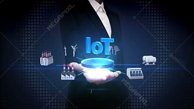 Businesswoman open palm, Smart Factory, solar panel, wind generator, Hydroelectricity connect `IoT` typo.