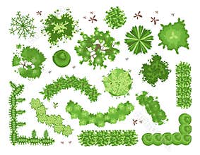 Set of different green trees, shrubs, hedges. Top view for landscape design projects. Vector illustration, isolated on