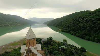 Picturesque landscape, mountains, sea, castle. Ananuri, Georgia.Ðerial survey monastery.