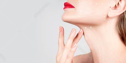 Anti-aging treatment. Beautiful woman neck with massage lines