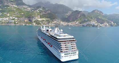 Aerial View of Big cruise ship came to Amalfi at Italy