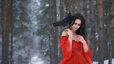 Girl with raven hair straightens and slowly puts his hand down and look up raise