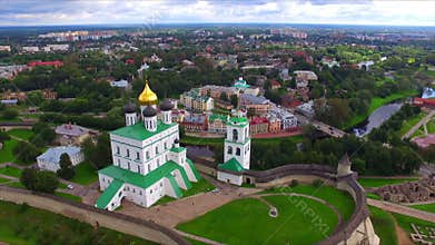 Aerial view of the Trinity Cathedral in the Pskov Kremlin