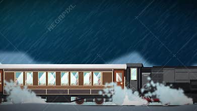 Seamless animation of cartoon train running through various climate landscape atmosphere and season in winte rainy snowy sunny