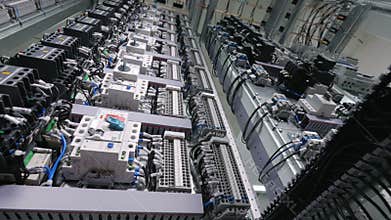 The steadicam shooting of the electric rack, high-voltage transformer. Close-up. 4K.