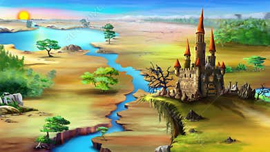 Landscape with rising sun, blue river and magical castle