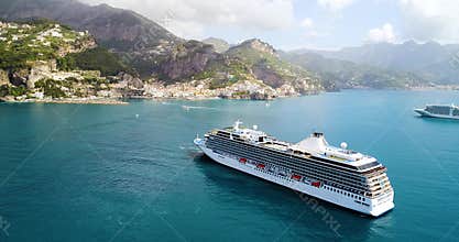 Aerial View of Big cruise ship came to Amalfi at Italy