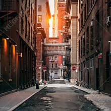 New York City street at sunset time. Old scenic street in TriBeCa district in Manhattan.