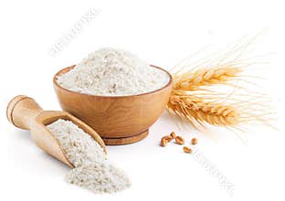 Whole grain wheat flour and ears isolated on white