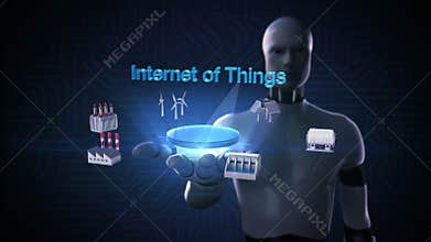 Robot, cyborg open palm, Smart Factory, solar panel, wind generator, Hydroelectricity connect Internet of things