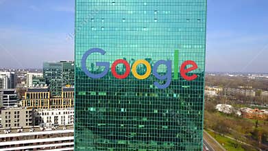 Aerial shot of office skyscraper with Google logo. Modern office building. Editorial 3D rendering 4K clip