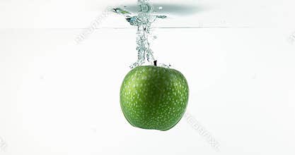 Granny smith apples, malus domestica, fruit entering water against white background,