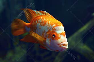 Aquarium colourfull fish in dark deep blue water