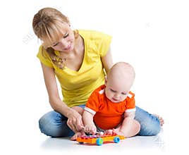 Baby and his mom play musical toys
