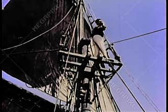 19th century ship at sea dropping anchor
