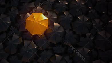 Orange umbrella standing out from crowd mass