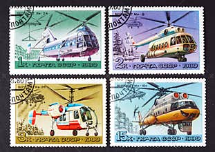 USSR - CIRCA 1980: a series of stamps printed in USSR, shows helicopters, CIRCA 1980
