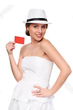 Summer woman showing credit card with copy space