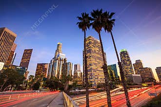Downtown Los Angeles skyline during rush hour