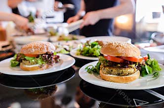 Vegan quinoa burger in a restaurant