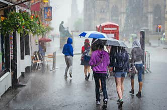 Group of girls walking at summer rain in the city