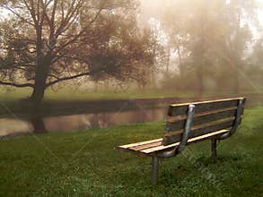 Riverside Bench in Fog