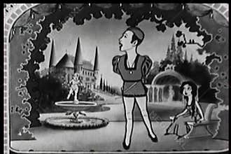 Cartoon of performer serenading woman on stage