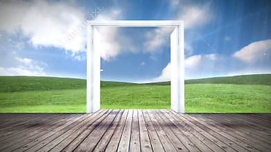 Door opening to green meadow