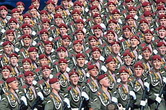 Moscow, Russia, May, 09,2015, Russian scene: The soldiers marines on parade singing the song