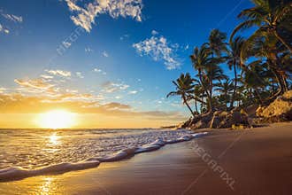 Landscape of paradise tropical island beach, sunrise shot